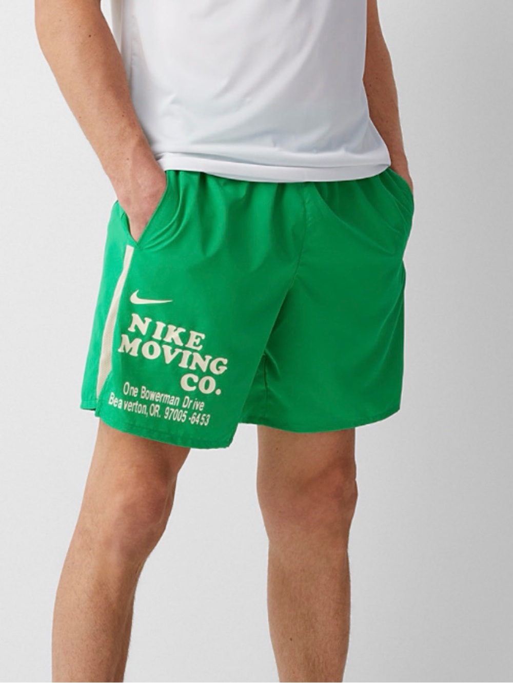 Nike Men's Green Athletic Shorts with Nike Moving Co. Print